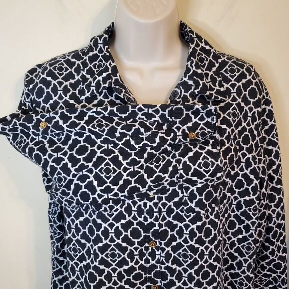 100% Linen Black & White Button Down Shirt w Roll Sleeves - Picture 3 of 13